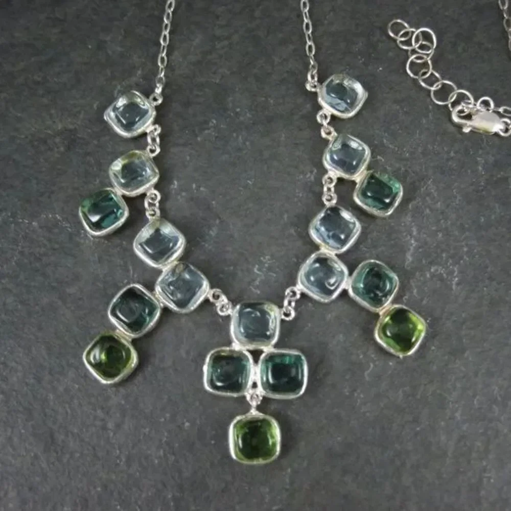 Designer Sterling Silver Necklace Blue Green Glass Stones New Michael Michaud